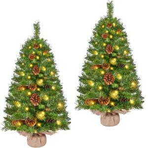 Set van 2 mini-kunstkerstboom 92 cm met 50 warmwitte ledlampen en 20 dennenappels, kleine kerstboom, tafel, dennenboom voor kerstdecoratie, groen