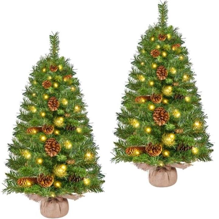 Set van 2 mini-kunstkerstboom 92 cm met 50 warmwitte ledlampen en 20 dennenappels, kleine kerstboom, tafel, dennenboom voor kerstdecoratie, groen