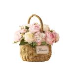 Kunstblumen Künstliche Blumen mit Vase, künstliche Hortensien mit Stroh-Handblumenkorb, künstliche Pflanzen-Dekor – Seidenrosen-Ornamente für jeden Anlass