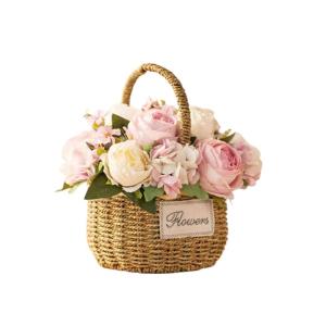 Kunstblumen Künstliche Blumen mit Vase, künstliche Hortensien mit Stroh-Handblumenkorb, künstliche Pflanzen-Dekor – Seidenrosen-Ornamente für jeden Anlass