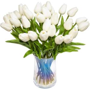 Künstliche Tulips Blumen Real Touch Tulips gefälschte Holland PU Bouquet Latex Blume Weiß für Hochzeitsfeiern Büro Home Küchendekoration 30pcs (rein weiß), 1