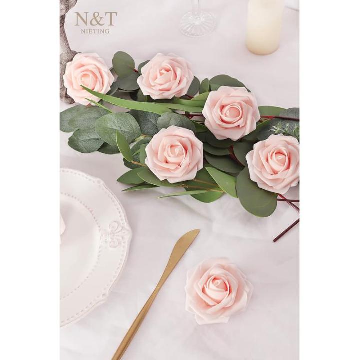 Kunstbloemen, rozen, 25 stuks, decoratieve bloemen, kunstrozen met stelen, Valentijnsdag, Moederdag, bruiloftsfeest, babyshower, woondecoratie, roze (blush pink)