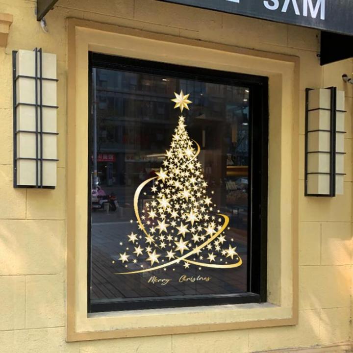 Gouden kerstboom raam klampt stickers voor glas, grote doe-het-zelf statische muur raam deur muurschildering showcase sticker sticker (1 stuks)