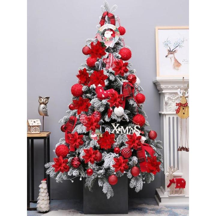 15 stuks 14 cm kunstmatige kerstster bloemen glitter met clips stengels kerstboom ornamenten voor krans feest bruiloft Nieuwjaar decoratie (rood)