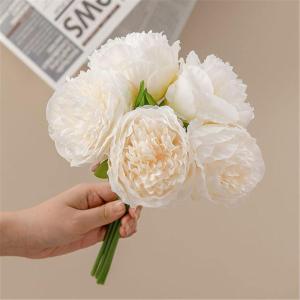 Simulation Blumenstrauß,Künstlicher Blumenstrauß Pfingstrose, 5er-Bouquet, echte Seidenblumen mit Stiel, cremefarbene Kunstblumen als Dekoration in großen Mengen(Cream)