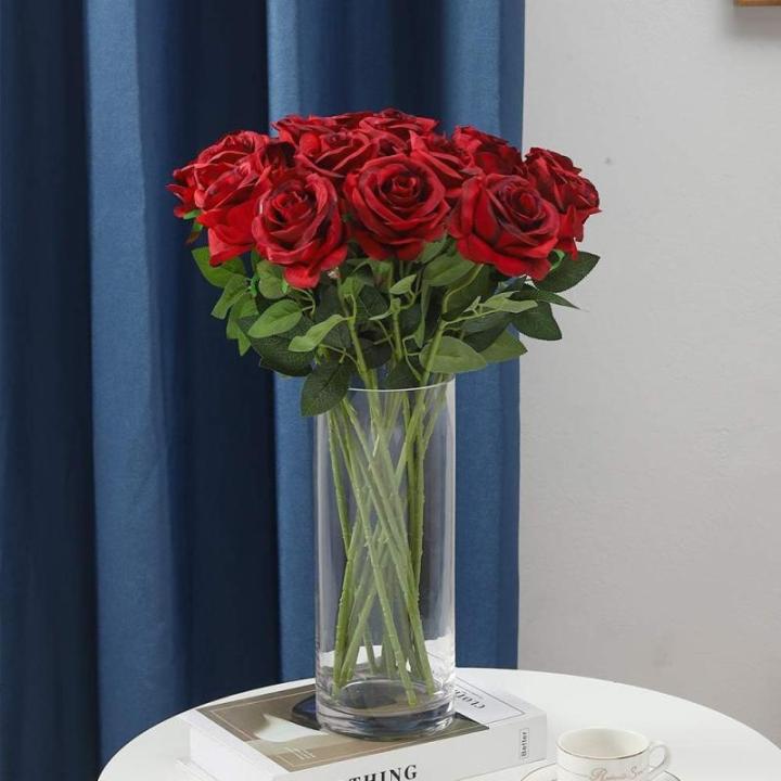 12 stuks Kunstmatige Rozen, 53cm Kunstrozen Enkele Lange Steel , Realistische voor Bruiloftsboeket, Thuis Tuin Woonkamer Hotel Kantoor Decoratie (Dunkelrot)