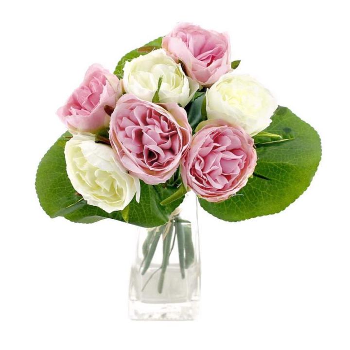 Peony Pioenrozen, boeket met 7 bloemen, 3 bladen, verschillende kleuren -