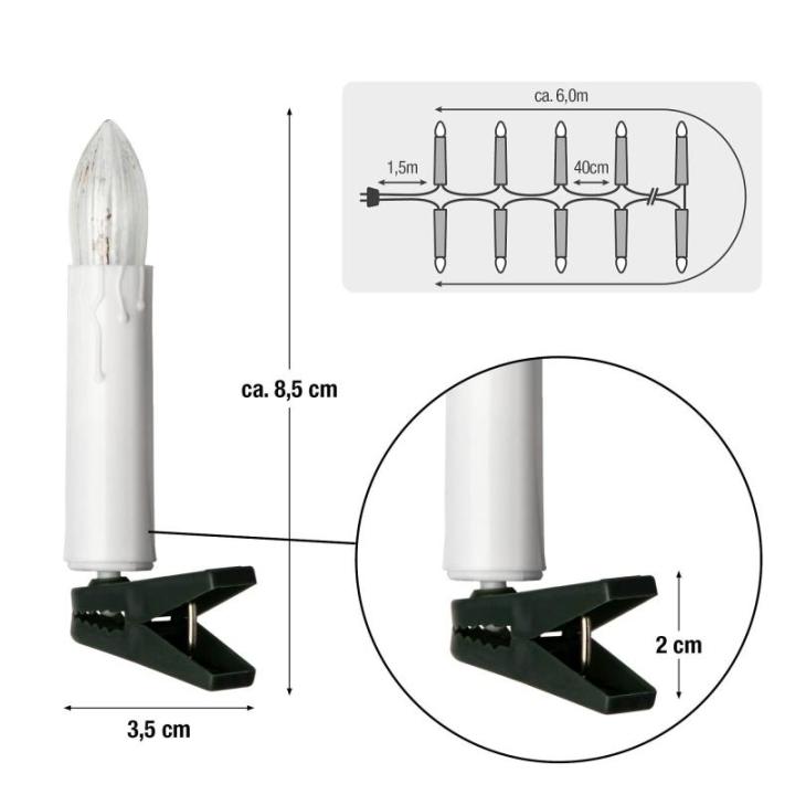 Lichtsnoer kerstboom, 16 kerstkaarsen elk 20 lumen, 6 m verlicht, mini-lichtketting voor binnen met stekker, kaarslichtsnoer, groene kerstboomkaarsen, wit, 611618
