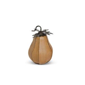 K&K Interiors 41552D-OR-1 Gourd aus Spaltleder, mit dunklem Metallstiel und Blättern, 31 cm, Orange