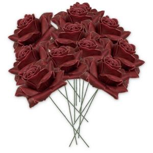 Kunstrozenbloemen met steel als kunstmatige decoratieve rozen van was, 10 bordeauxrode rozenblaadjes als echt voor bloemstukken, bloemendecoratie, waxrozen als kunstrozen, begraafp