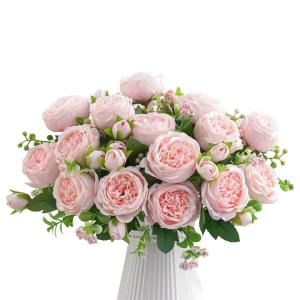 4 kleurrijke pioenrozen, kunstrozen, boeket, levensechte zijden pioenrozen, boeketten voor thuisdecoratie, kunstzijden rozen, bloemenarrangement voor feest, centrum, lichtroze