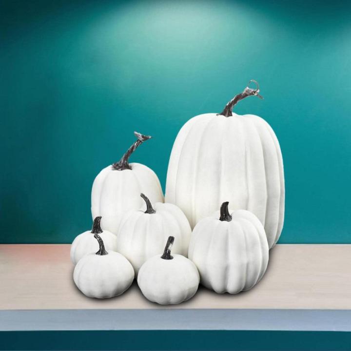 7 stuks kunstpompoenen, pompoen, decoratie, sierpompoen, kunstplantset voor Halloween, decoratie, herfstdecoratieset, 4 maten, wit