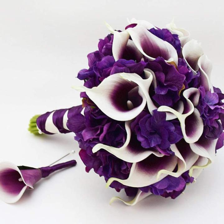 20 stuks kunstbloemen Calla lelie, bruid, latex, ware aanraking, familie, decoratie, feest, bruiloft, hotel, decoratie, boeket (paars-wit)