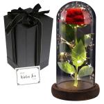Die Schöne und das Biest Ewige Rose, Rote Galaxie Rose Geschenk für Mama, Rose in Einer Glaskuppel mit LED Licht Holzsockel für Freundin Frau am Muttertag Geburtstag Valentinsta