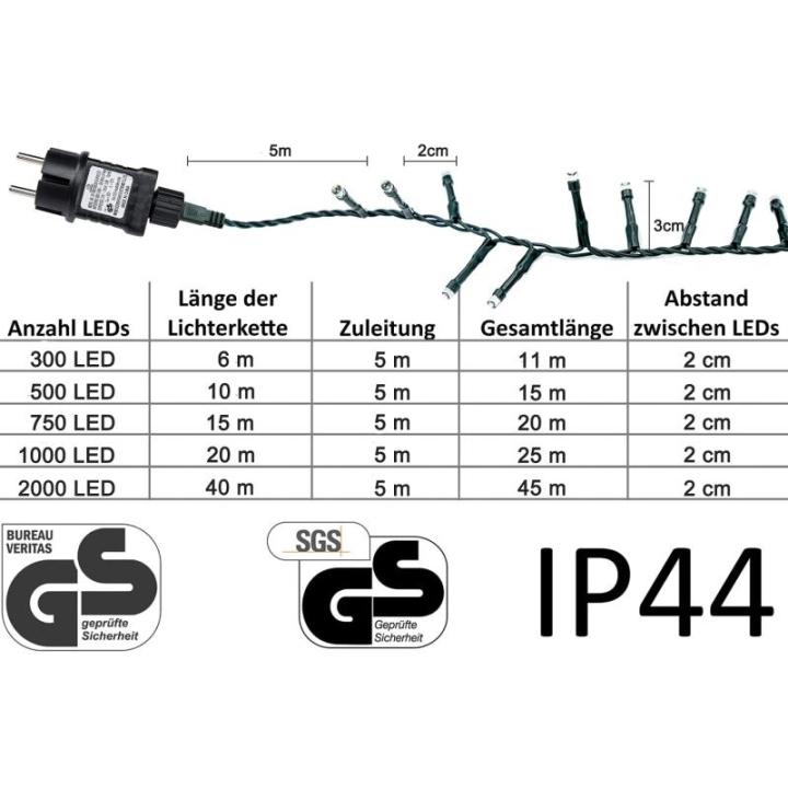 Led-clusterlichtsnoer, werkt op stroom, decoratie voor en buiten, tuin, kerstboom, bruiloft (500 leds, warm wit continu licht)