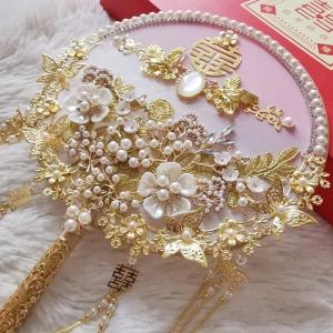 Chinese Bruids Fan Boeket Kunstbloemen Parels Bruiloft Decoratieve Bruid Fotografie Ornamenten Home Decor (Argento)