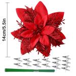 15 stuks 14 cm kunstmatige kerstster bloemen glitter met clips stengels kerstboom ornamenten voor krans feest bruiloft Nieuwjaar decoratie (rood)