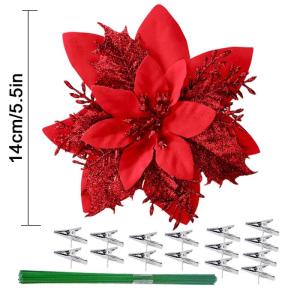15 stuks 14 cm kunstmatige kerstster bloemen glitter met clips stengels kerstboom ornamenten voor krans feest bruiloft Nieuwjaar decoratie (rood)