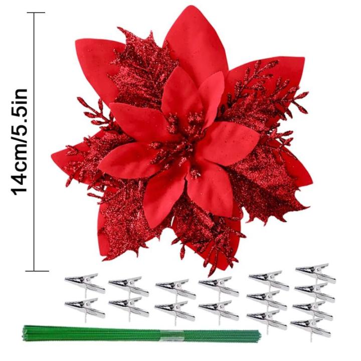 15 stuks 14 cm kunstmatige kerstster bloemen glitter met clips stengels kerstboom ornamenten voor krans feest bruiloft Nieuwjaar decoratie (rood)