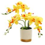 Künstliche Blume, Phalaenopsis-Bonsai-Dekoration, künstliche Orchidee, lebensechte künstliche Blume, Display in Weißgold-Topf (gelb)