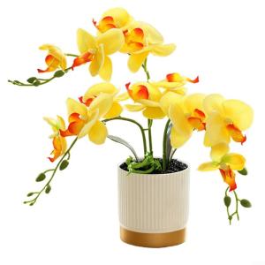 Künstliche Blume, Phalaenopsis-Bonsai-Dekoration, künstliche Orchidee, lebensechte künstliche Blume, Display in Weißgold-Topf (gelb)