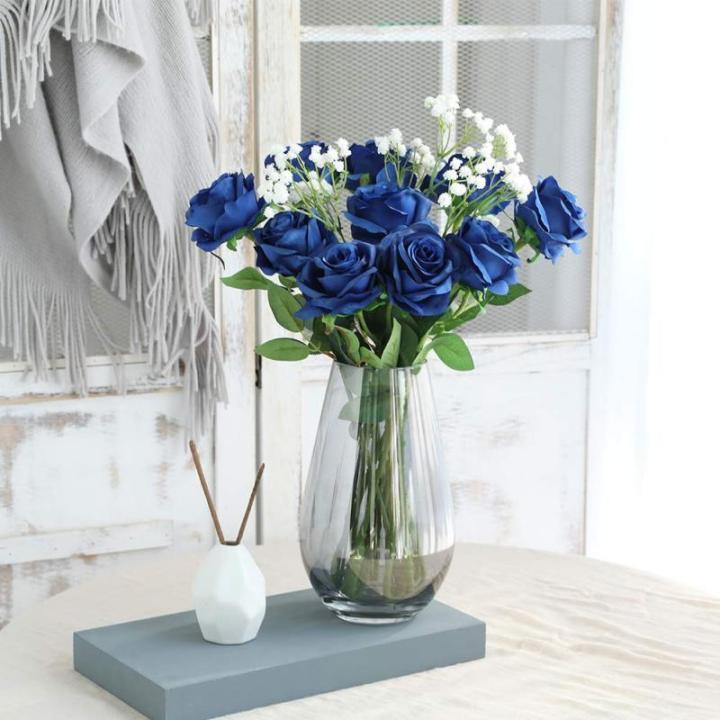 10 stuks zijden kunstrozen bloemen bruidsboeket bloemen (blauw)
