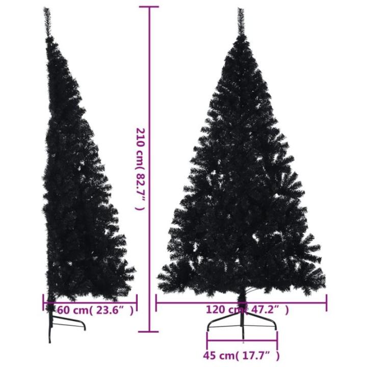 Halve kunstkerstboom met standaard, 210 cm hoog, kerstdecoratie, hoge kunstboom, pvc en staal, zwart