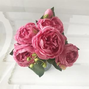 Rose Pink Silk Peony Bloemen Boeket 5 Grote Hoofd en 4 Knoppen Nep Bloemen voor Thuis Bruiloft Decoratie Indoor (H,6 * 30cm)