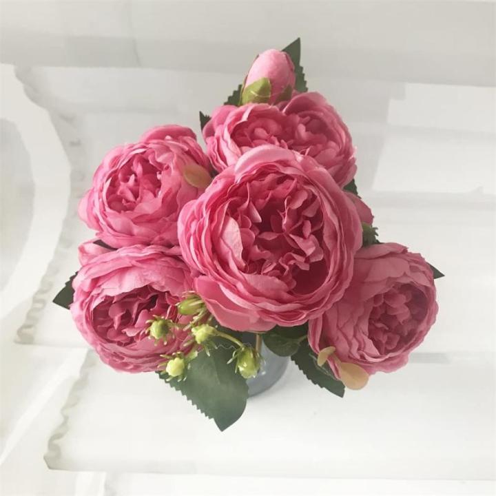 Rose Pink Silk Peony Bloemen Boeket 5 Grote Hoofd en 4 Knoppen Nep Bloemen voor Thuis Bruiloft Decoratie Indoor (H,6 * 30cm)