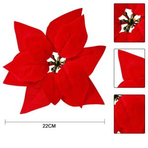 15 stuks 22 cm kerstbloemen kunstmatige kerstster bloemen kerstboom ornamenten met clips stengels voor krans feest bruiloft Nieuwjaar decoratie (rood)