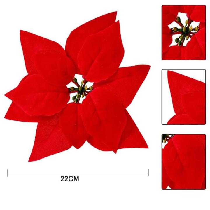 15 stuks 22 cm kerstbloemen kunstmatige kerstster bloemen kerstboom ornamenten met clips stengels voor krans feest bruiloft Nieuwjaar decoratie (rood)