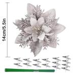 15 stuks 14 cm kerst kunstmatige kerstster bloemen glitter met clips stengels kerstboom ornamenten voor krans feest bruiloft Nieuwjaar decoratie (zilver)