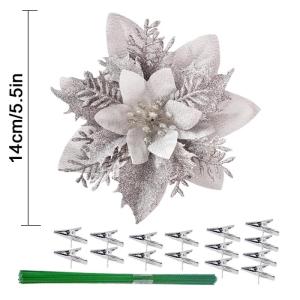 15 stuks 14 cm kerst kunstmatige kerstster bloemen glitter met clips stengels kerstboom ornamenten voor krans feest bruiloft Nieuwjaar decoratie (zilver)