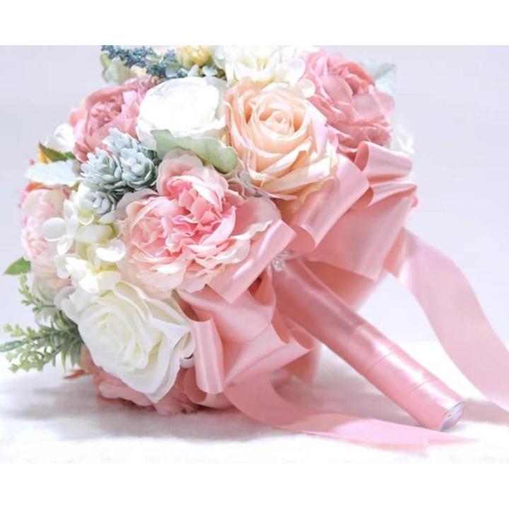 Hochzeitsbrautstrauß mit künstlichen Blumen, Hochzeitsstrauß, Hochzeitsbrautsimulation mit Rosen, Fotoshooting mit künstlichen Blumen(Pink)