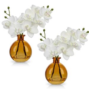 2 stuks kunstmatige orchideeën wit met amber glazen vaas, kunstplant decoratie orchideeën kunstbloemen in vaas met Real Touch bloemen, kunstorchideeën, kunstmatige bonsai voor h