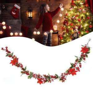 Weihnachts-Stechpalmen-Beeren-Girlande, Winter-Kunstgrün-Girlande, Rote Beeren, Stechpalmenblätter, Haus, Kamin, Wand, Tischdekoration, 1,8 M, Weihnachtsgirlande,