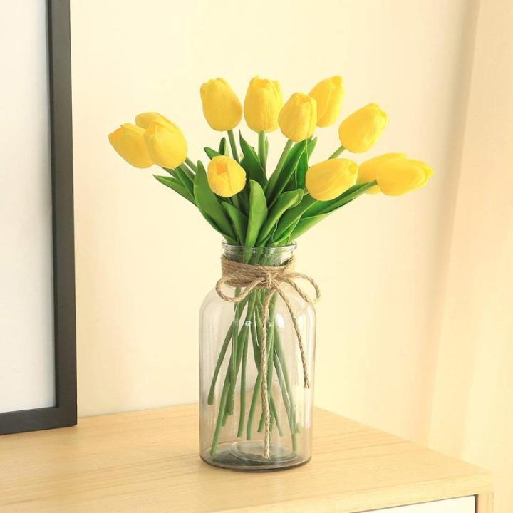 10 stuks PU Real Touch Latex Kunstmatige tulpen neptulpen bloemen boeketten bloemenarrangement voor huis kamer bruiloftsboeket middenstuk, geel