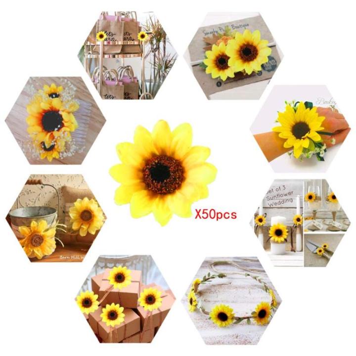 50 stuks kunstzonnebloemkoppen, 7 cm, hoofd, , van zijde, , decoratie voor doe-het-zelf, bruiloft, knutselen, huis, handwerk
