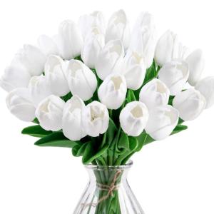 15 stuks kunsttulpen van latex, realistische kunsttulpen, boeket van kunsttulpen, voor woondecoratie, boeket, feest (wit)