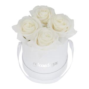 Rozenbox rond, 4 rozen, stevige bloemenbox, wit, 10 jaar houdbaar, cadeau-idee, decoratieve bloemenbox, wit, 14 x 13 x 13 cm