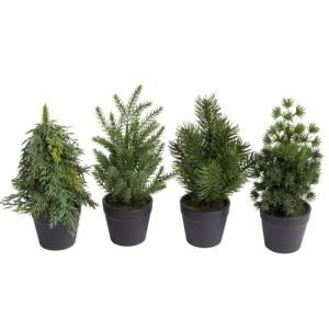 Kunstmatige mini-dennenboom assortiment (4 stuks gesorteerd) in zwarte kunststof pot