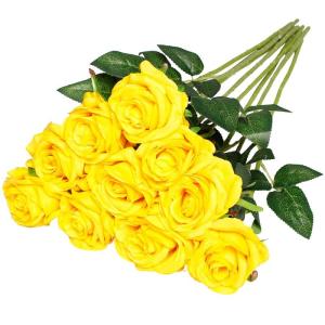 Kunstmatige Zijde Roos Bloem Enkele Stam Levensechte Nep Roos voor Bruiloft Boeket Bloemenarrangementen Huis Feest Bloemstuk Decoratie, 10 stuks (Geel)