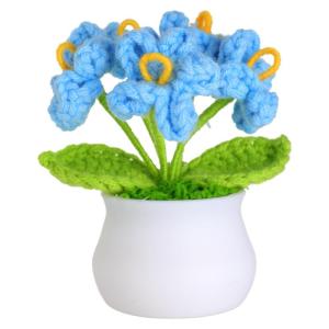 Kunstbloem, gehaakte bloemen, potplant, mini gebreide bloempot, kleine handgemaakte gehaakte bloem voor thuiskantoor tafeldecoratie, cadeau voor haar Valentijnsdag (1, blauwe bloem