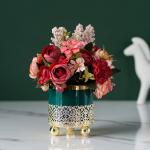 Kunstblumen Künstliche Seidenblumen mit Vase, gefälschte Blumenarrangements, Leichter Luxus-Metallständer, Keramiktopf für Zuhause, Hochzeitsdekoration für jeden Anlass
