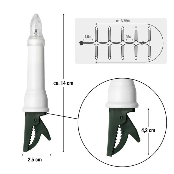 Lichtketting kaarsen kerstboom, kaarsen lichtketting buiten met clip, 16 lampen, verlichte lengte 675 cm, afstand 45 cm, schacht wit, voedingskabel 1,5 m, voor buiten met stekker 6