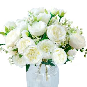 4 trossen pioenrozen voor decoratie kunstrozen nepboeket echte touch zijden bloemen voor vaas bruiloft woondecoratie (wit)