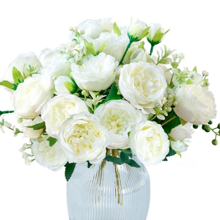 4 trossen pioenrozen voor decoratie kunstrozen nepboeket echte touch zijden bloemen voor vaas bruiloft woondecoratie (wit)