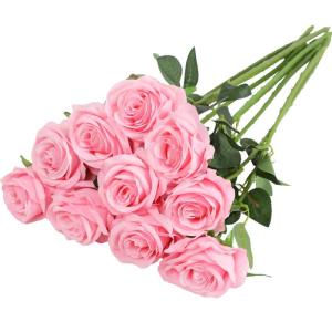 Kunstmatige Zijde Roos Bloem Enkele Stam Levensechte Nep Roos voor Bruiloft Boeket Bloemenarrangementen Huis Feest Bloemstuk Decoratie, 10 stuks (Roze)
