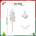 24 stuks glitter-zilveren bessenstelen, kunstzilveren bessen, plukken, glitter, zilveren bessen, takken, kerstbessen, steel, picks voor kerstboom, doe-het-zelf knutselen, bruiloft,