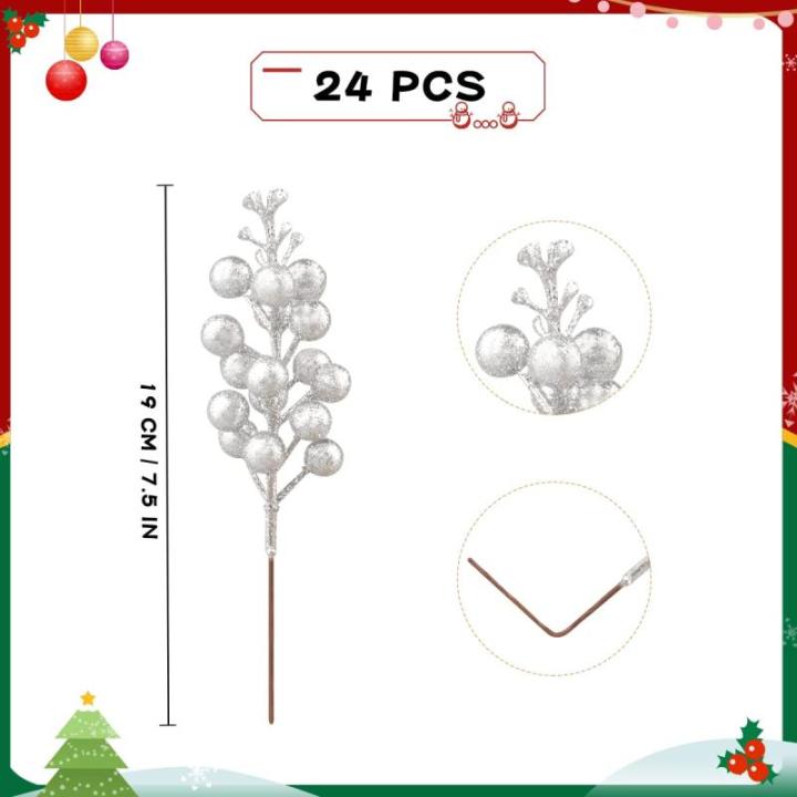 24 stuks glitter-zilveren bessenstelen, kunstzilveren bessen, plukken, glitter, zilveren bessen, takken, kerstbessen, steel, picks voor kerstboom, doe-het-zelf knutselen, bruiloft,